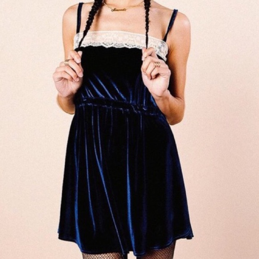 Blue Velvet Dress with Lace Trim